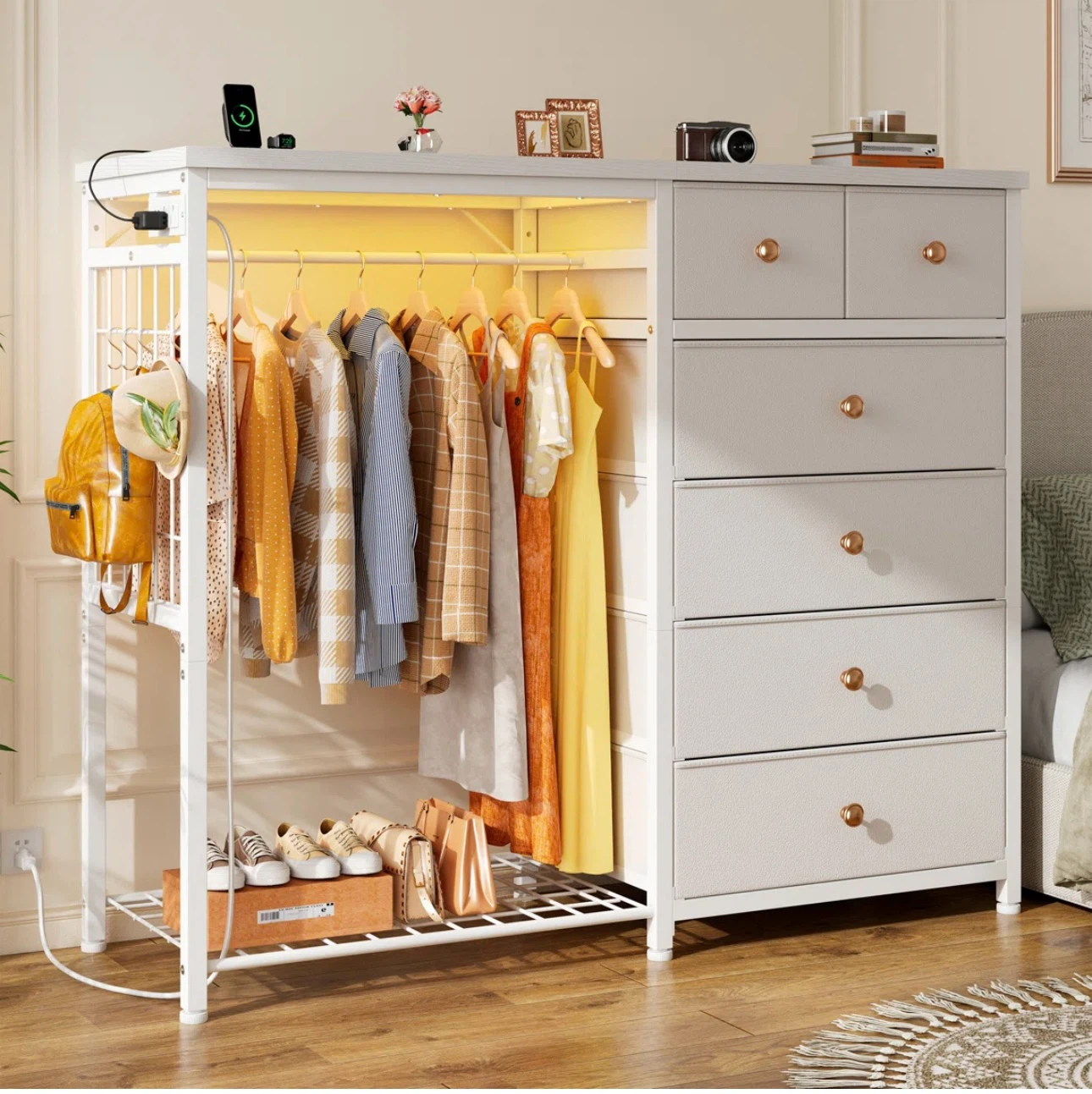 6-Drawer Dresser with Clothes Rack and Charging Station