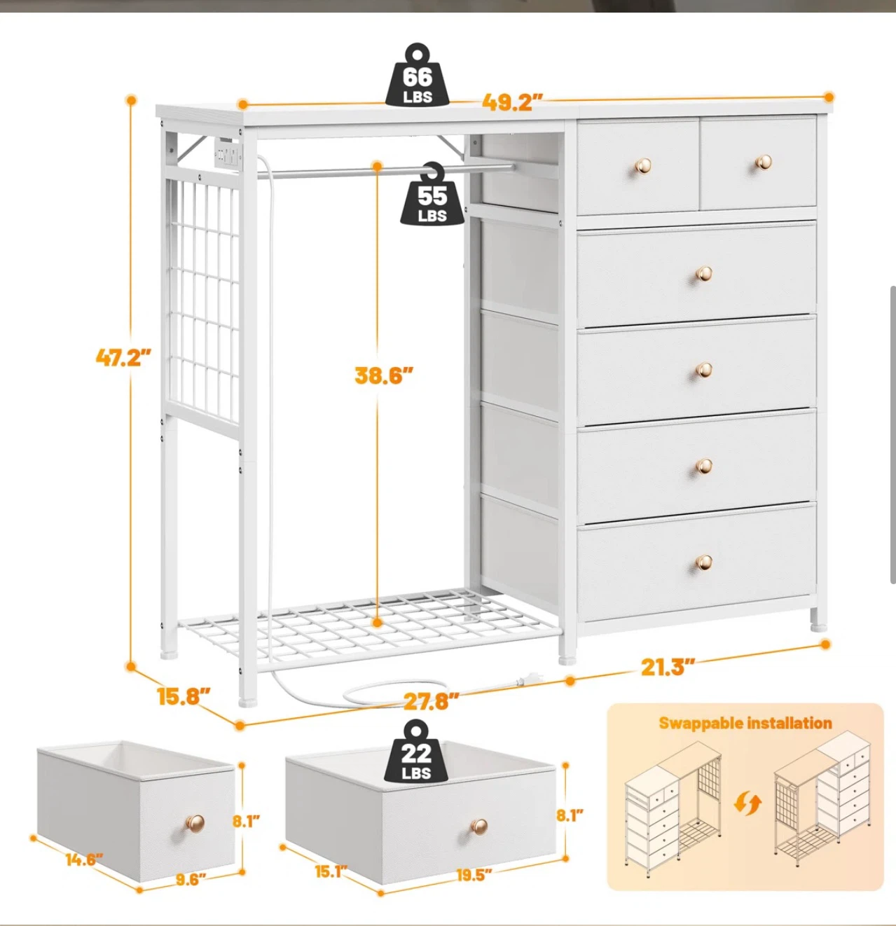 6-Drawer Dresser with Clothes Rack and Charging Station - photo 2