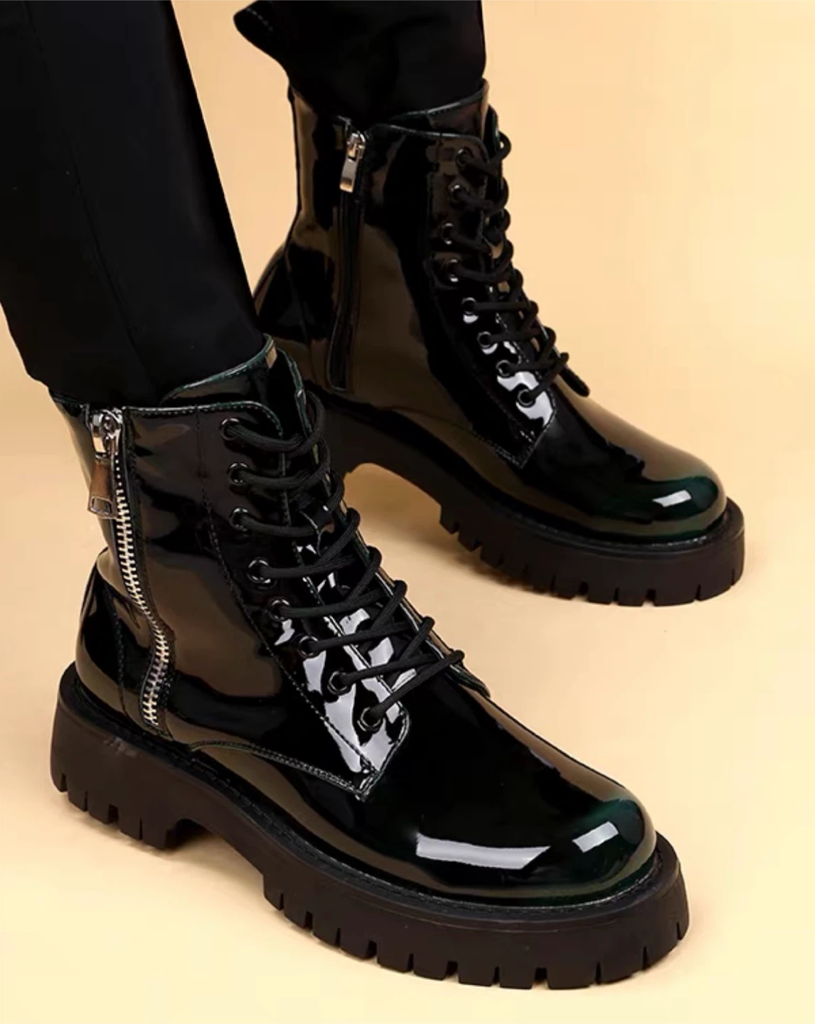 Black Patent Combat Boots with Side Zippers