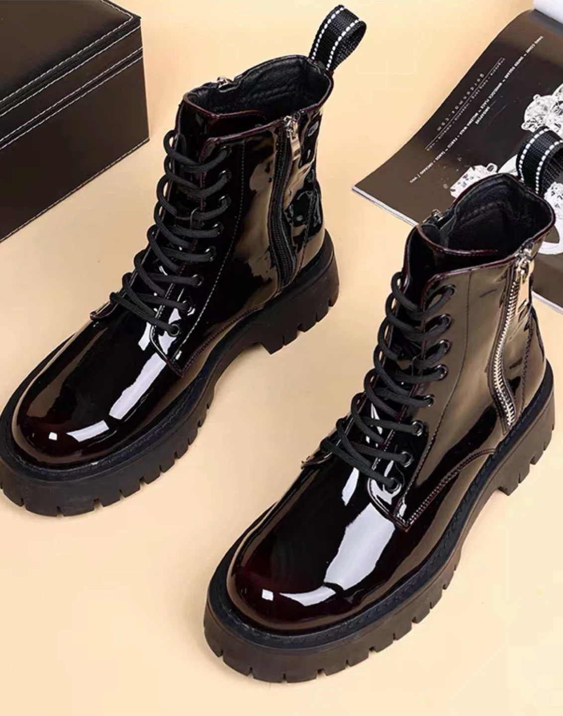 Black Patent Combat Boots with Side Zippers - photo 2