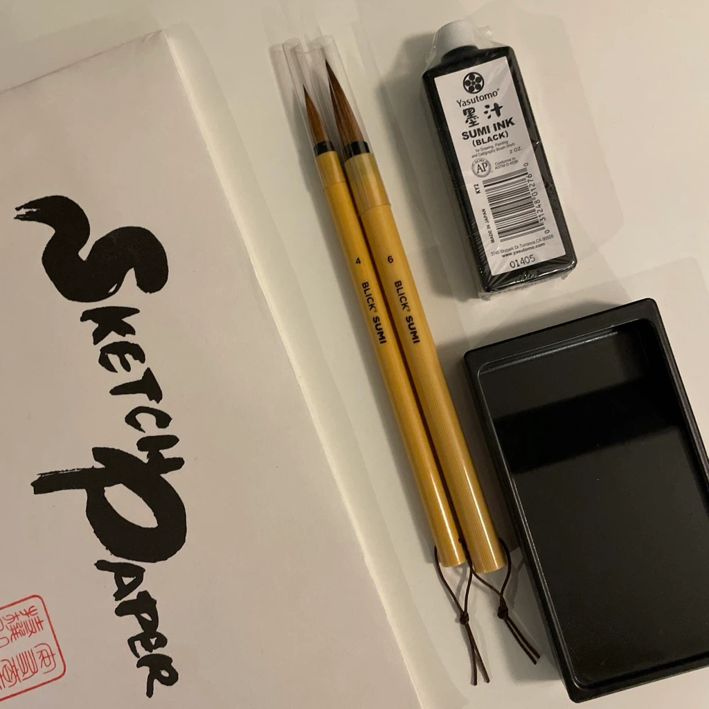 Yasutomo Sumi Art Kit. Ink, Sketch Paper, and Brush Set