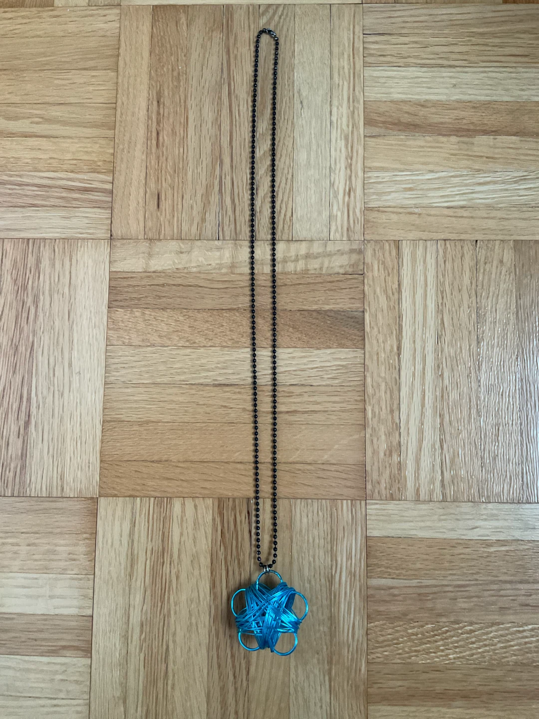 Blue Floral Wire Pendant Necklace on Black Ball Chain
