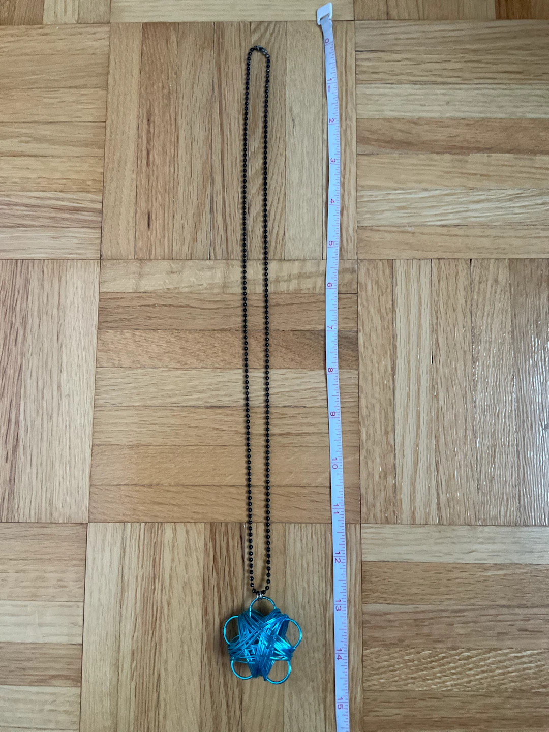 Blue Floral Wire Pendant Necklace on Black Ball Chain - photo 2