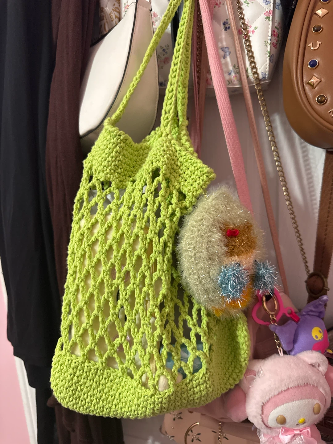 Lime Green Crochet Net Bag with Charm