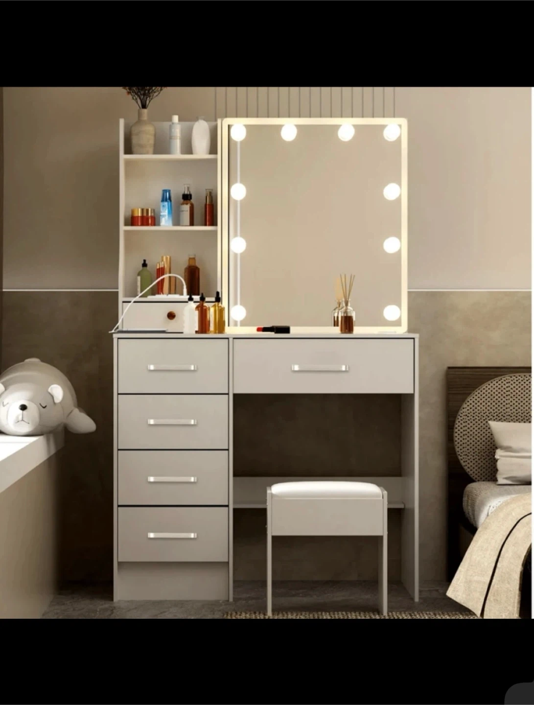 White Vanity Table with Lighted Mirror and Stool