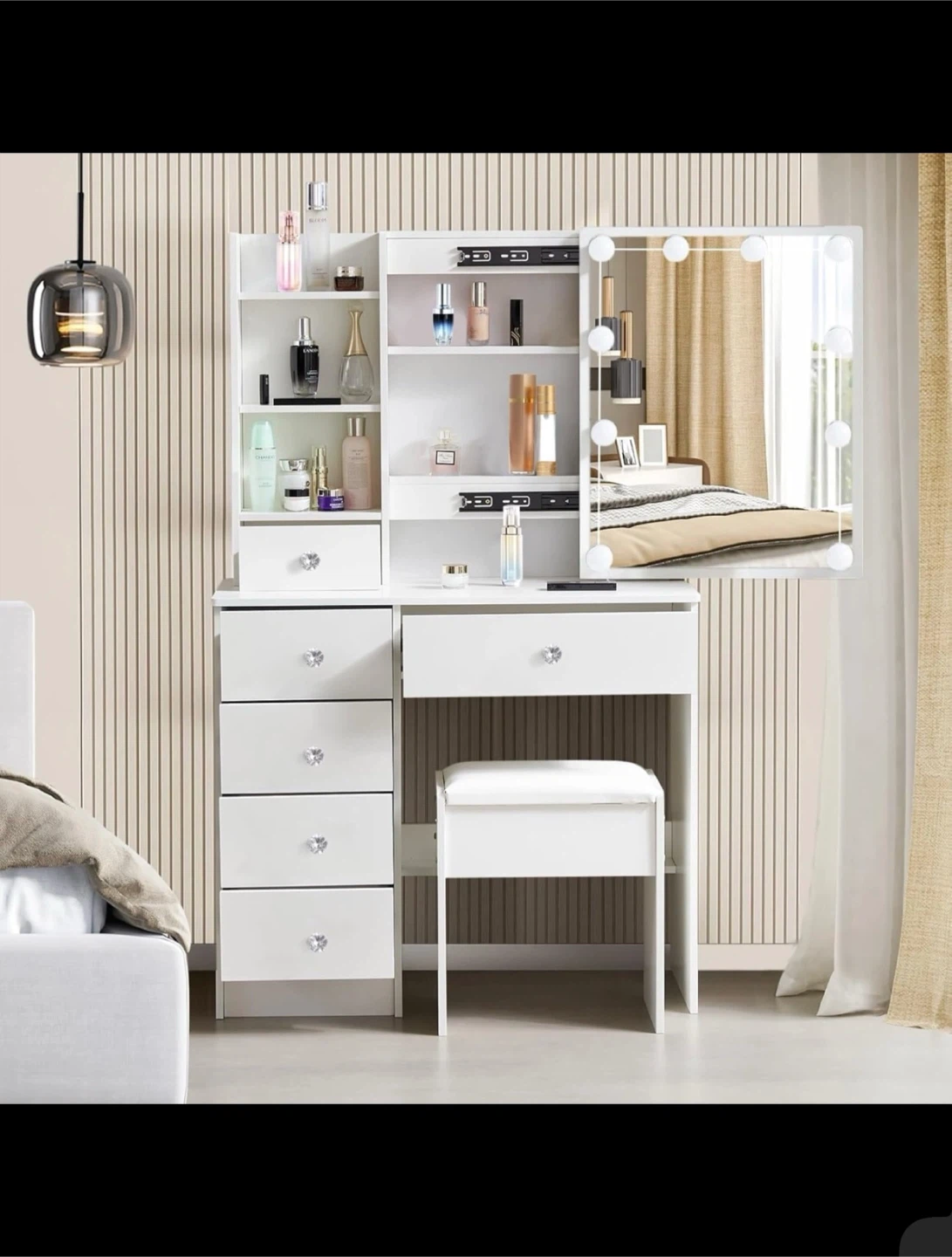 White Vanity Set with Lighted Mirror and Stool