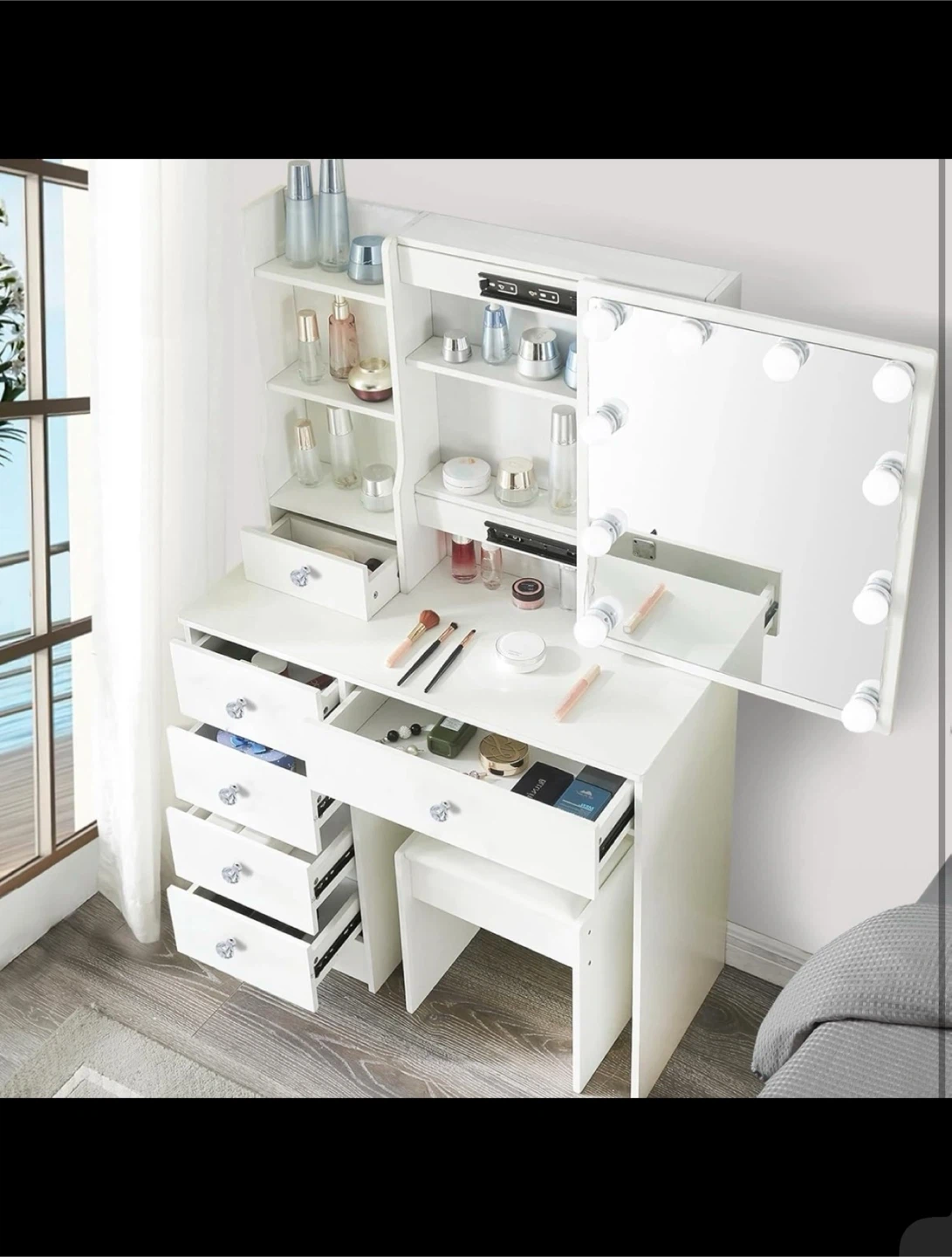 White Vanity Set with Lighted Mirror and Stool - photo 5