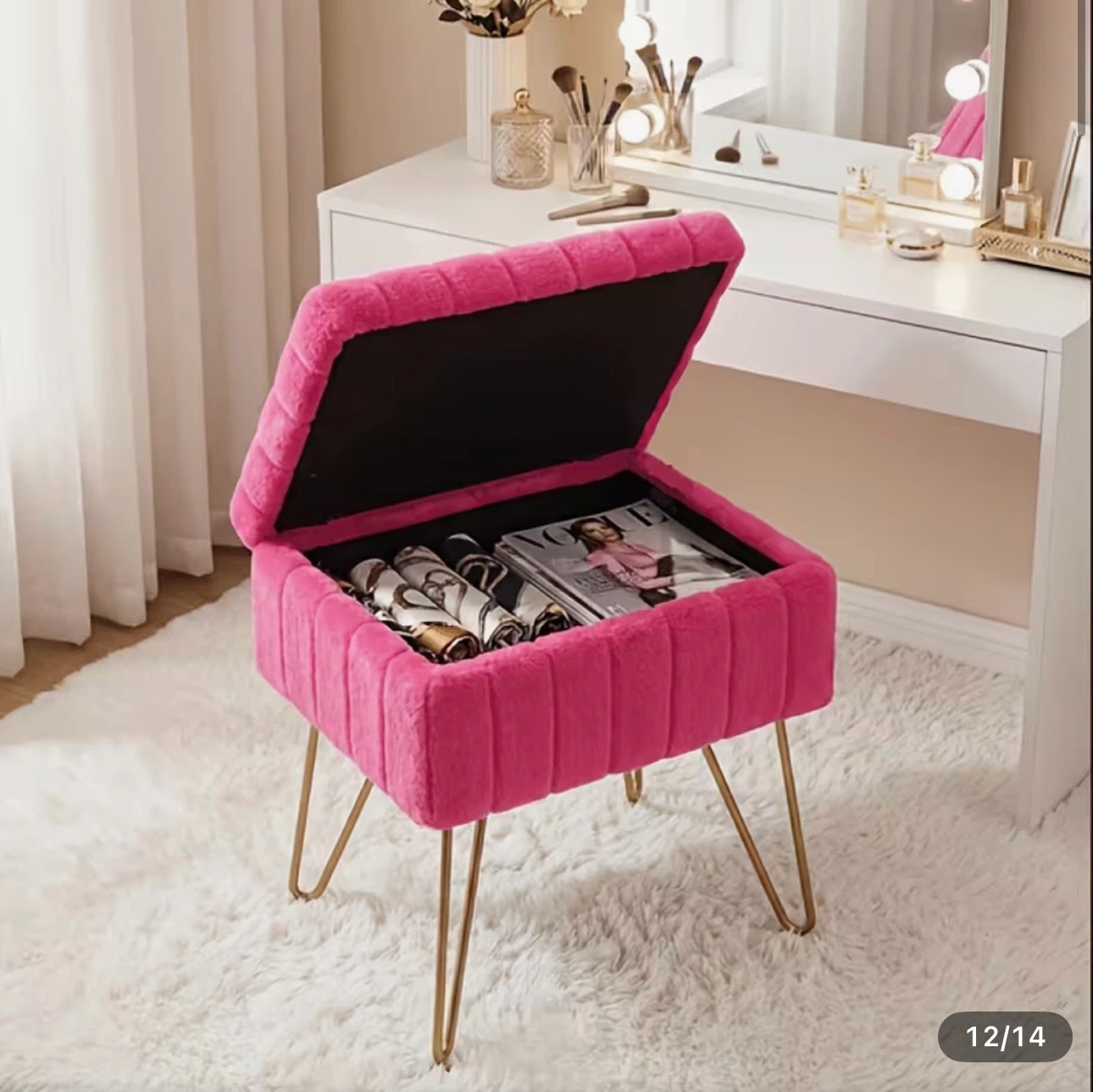 Pink Faux Fur Storage Ottoman Footrest - photo 3
