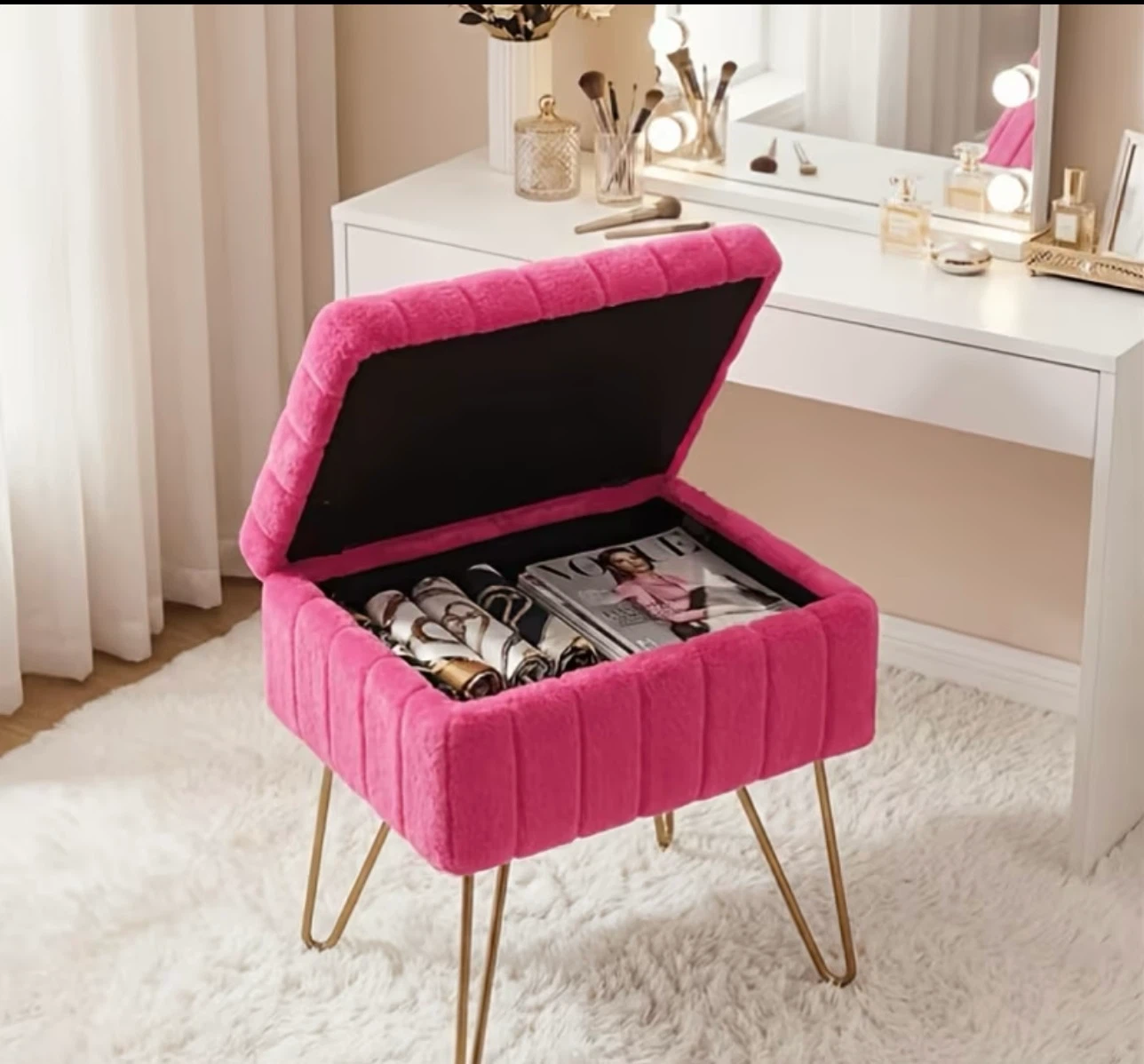 Pink Faux Fur Storage Ottoman Footrest - photo 4