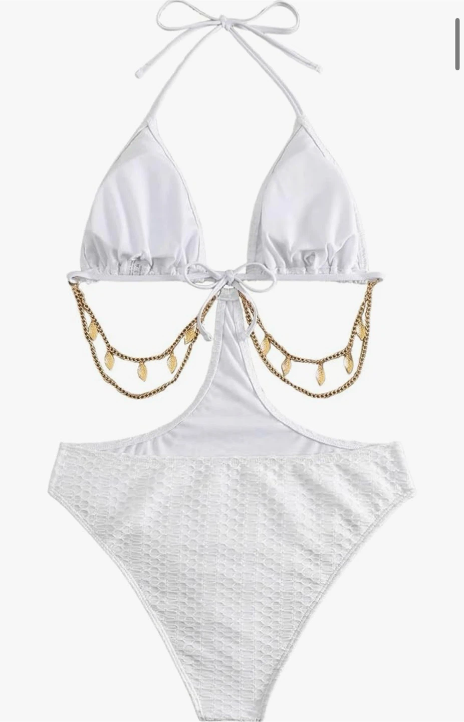 White One-Piece Swimsuit with Gold Chain Detail - photo 2