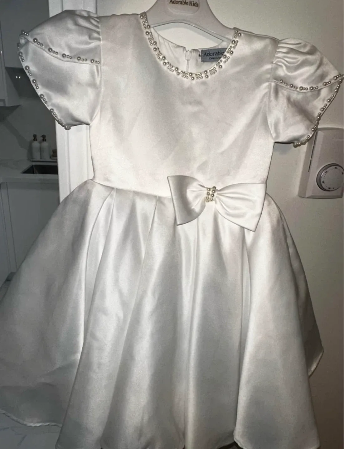 White Christening Dress with Pearls and Bow