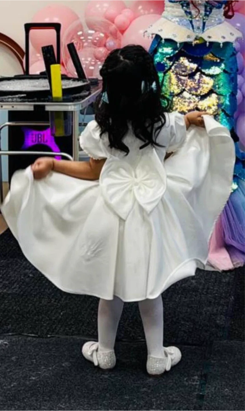 White Christening Dress with Pearls and Bow - photo 5