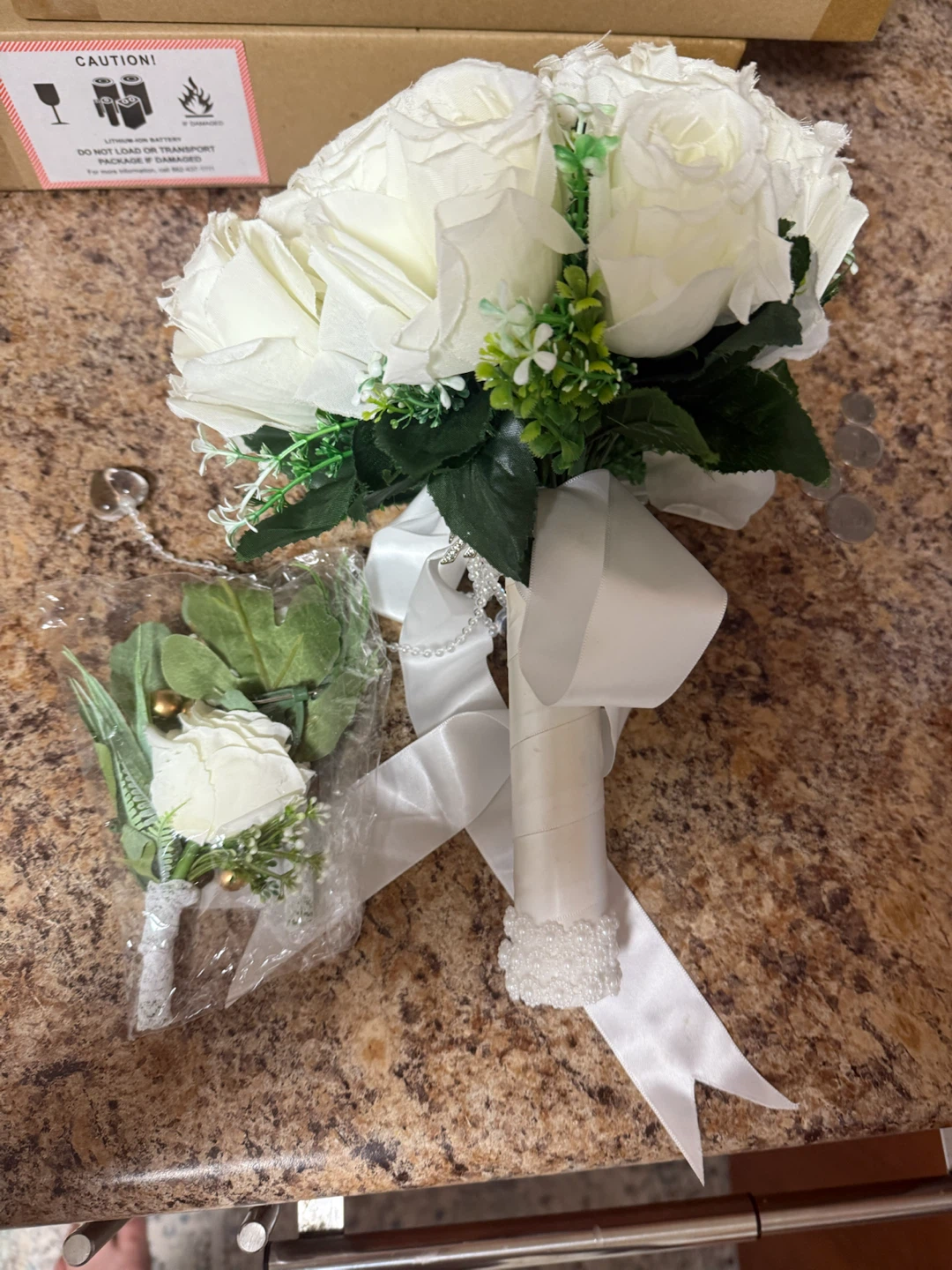 White Rose Wedding Bouquet with Boutonniere