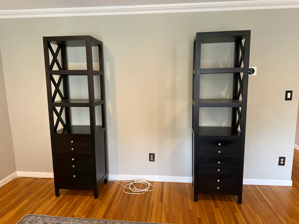 Dark Wood Tall Tower Bookcase Shelves with Drawers