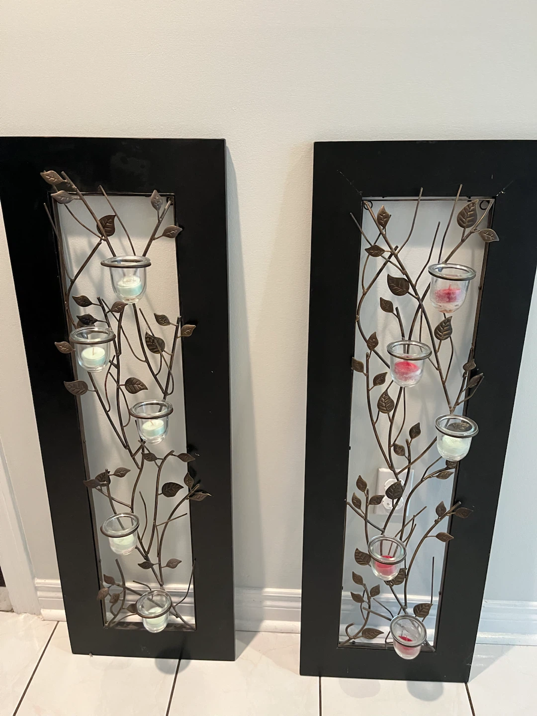 Set of 2 dark brown Metal Sconces with Candle Holders