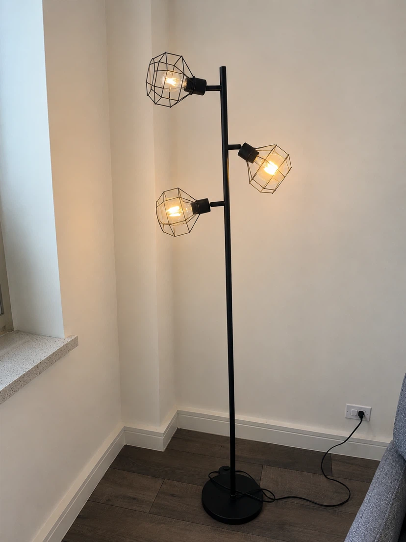 Black 3-Light Floor Lamp with Wire Cages