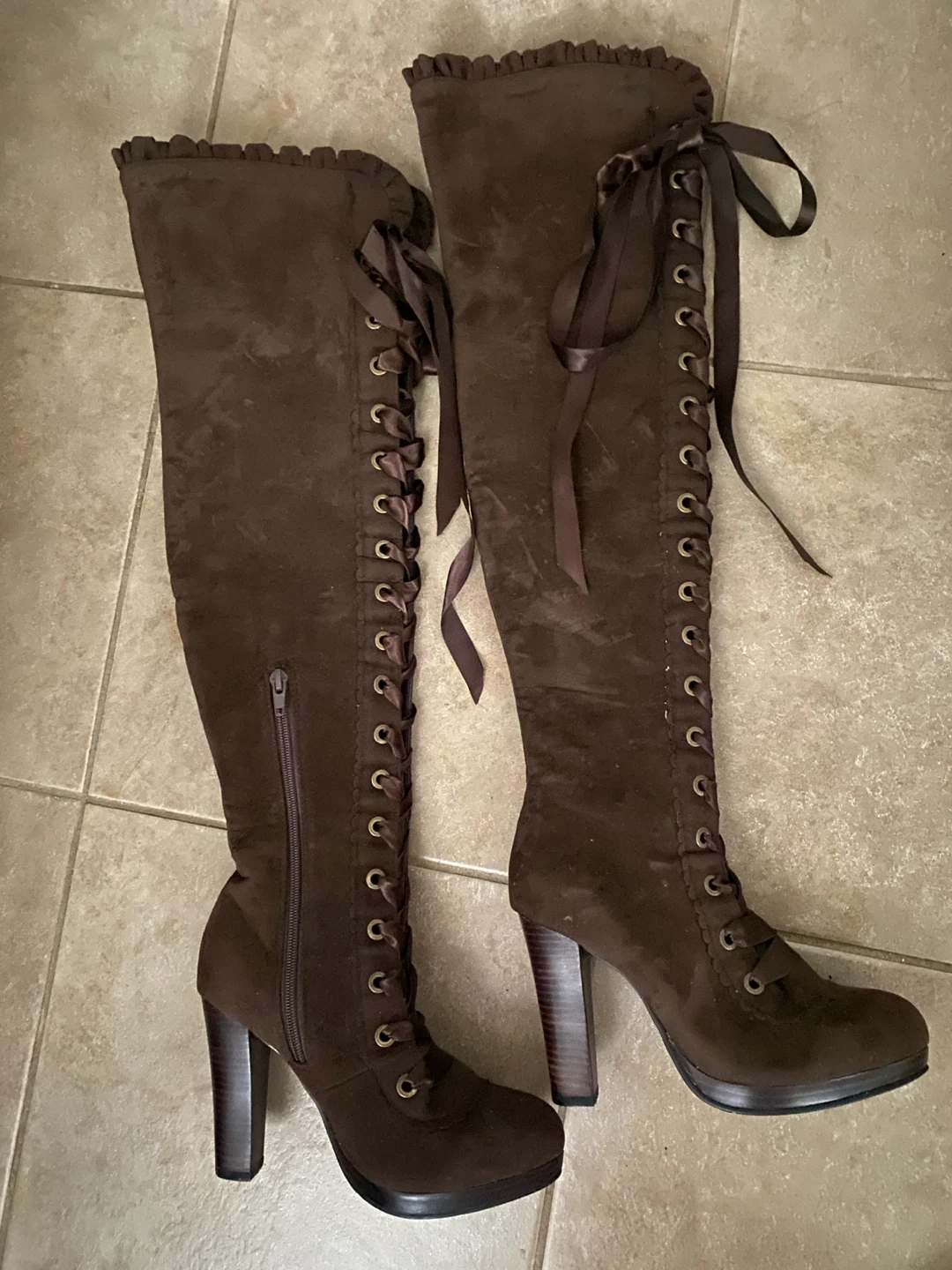 Brown Lace-Up Over-the-Knee Boots