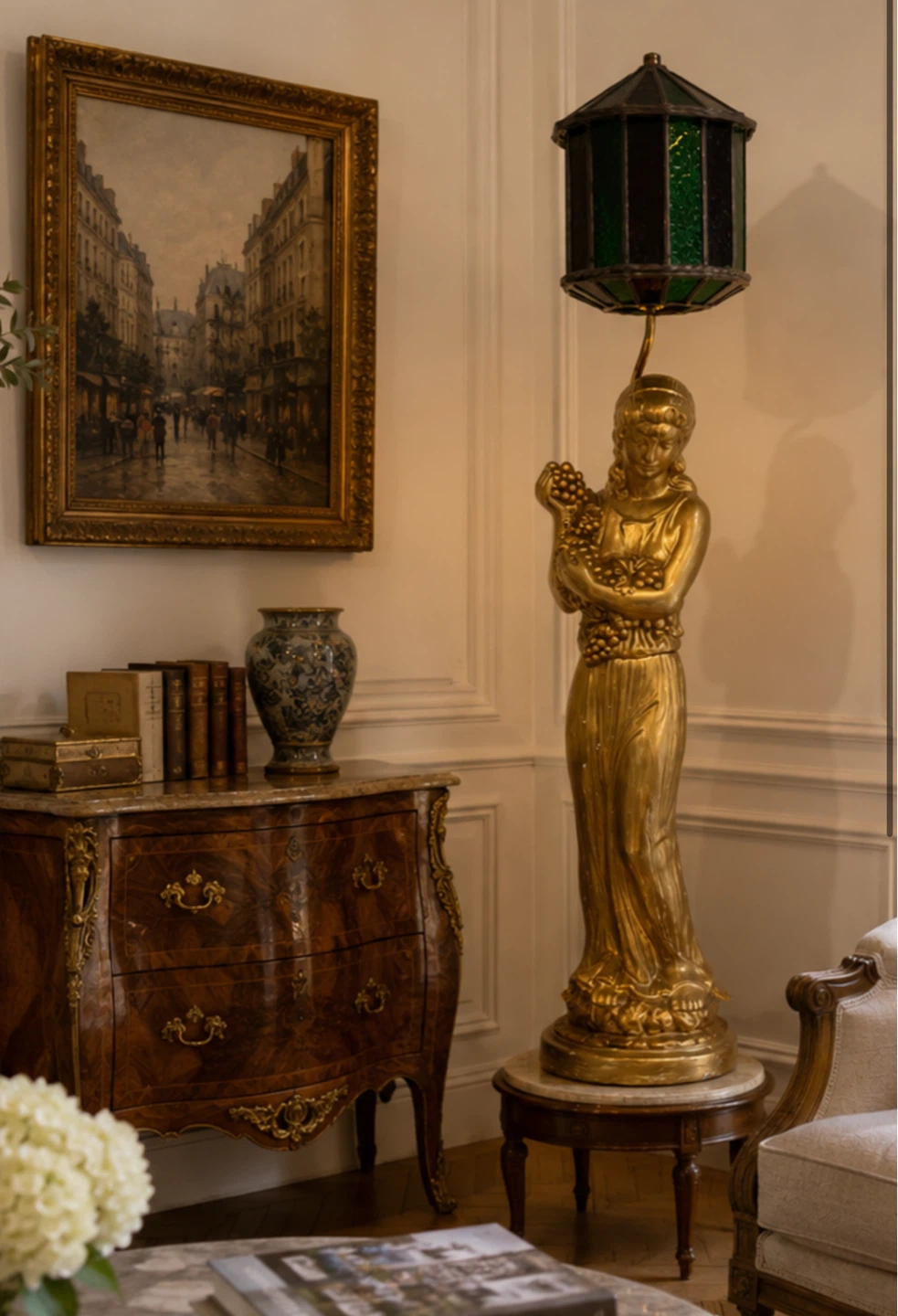 Vintage Brass Figurine Lamp with Stained Glass Shade