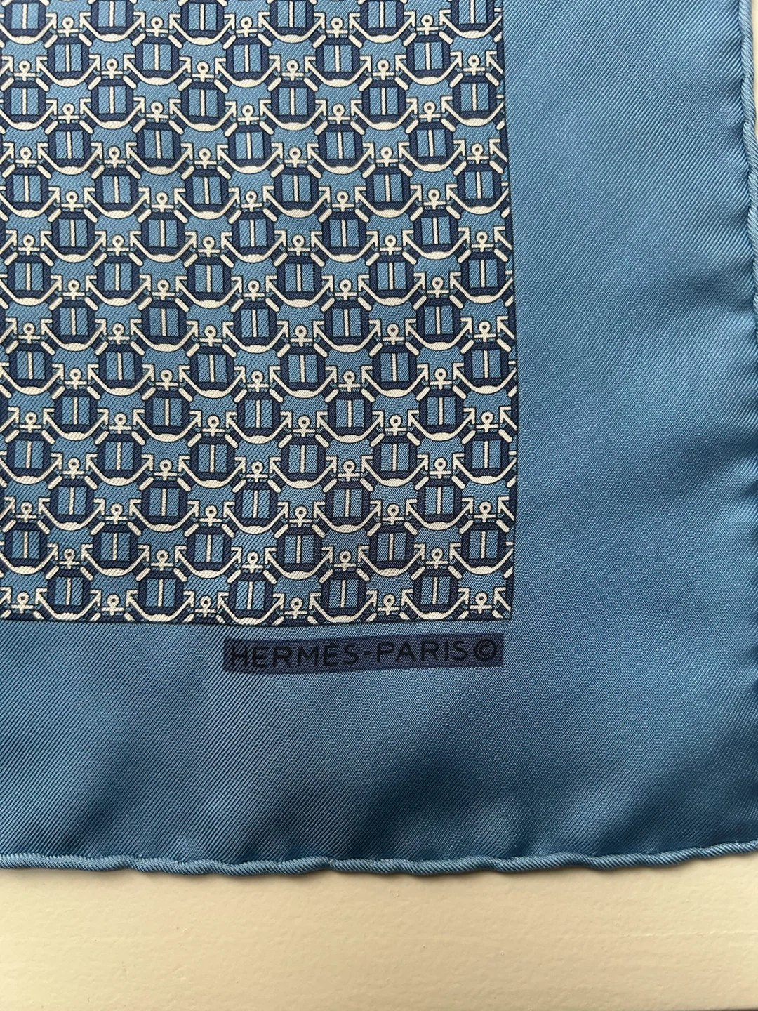 Hermes Paris Silk Scarf Blue Anchor Print
