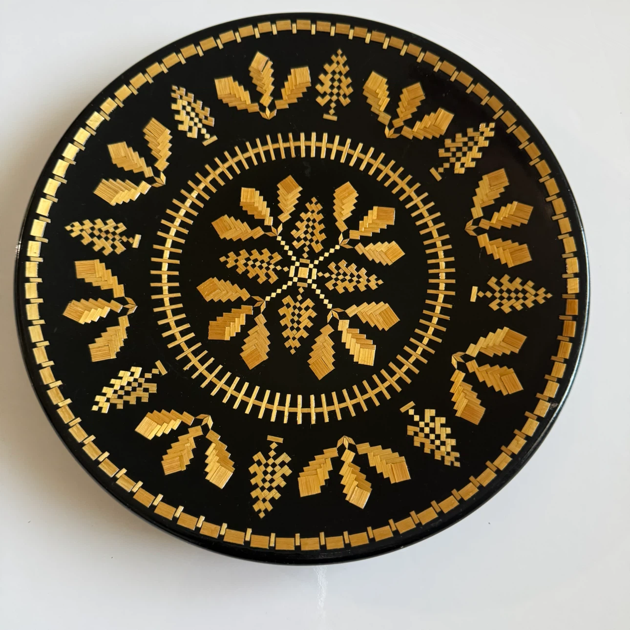 Vintage Soviet Ukrainian Decorative Straw Marquetry Wall Plate