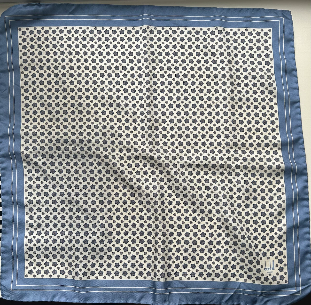 Dunhill London Silk Pocket Square Scarf Blue White Pattern