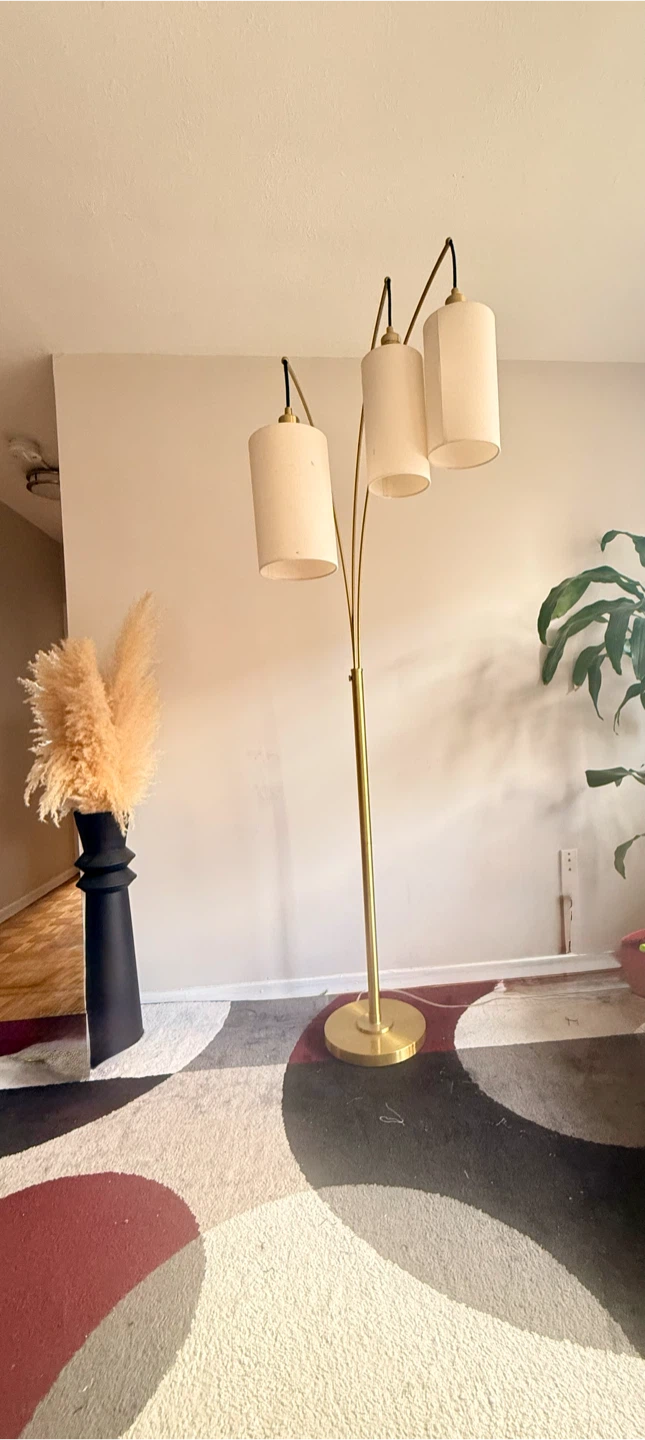 Brass Arc Floor Lamp with 3 White Shades