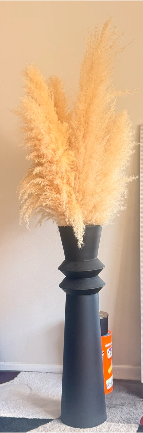 Large Black Floor Vase with Pampas Grass