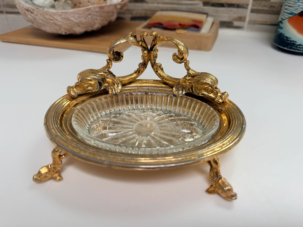 Vintage Gilded Brass Dolphin Soap Dish / Vanity Tray