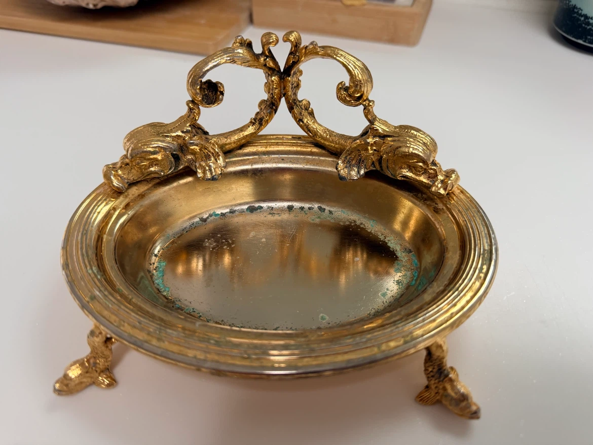 Vintage Gilded Brass Dolphin Soap Dish / Vanity Tray - photo 2