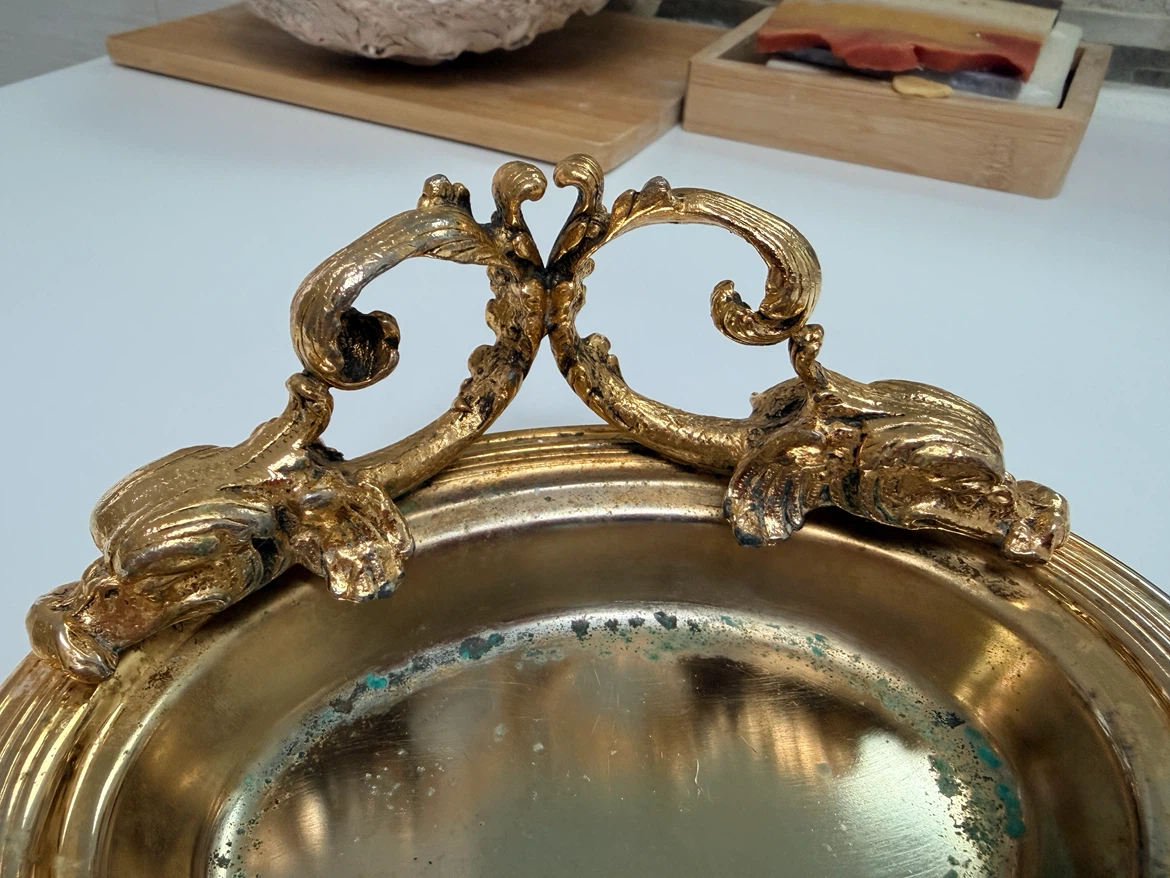 Vintage Gilded Brass Dolphin Soap Dish / Vanity Tray - photo 3