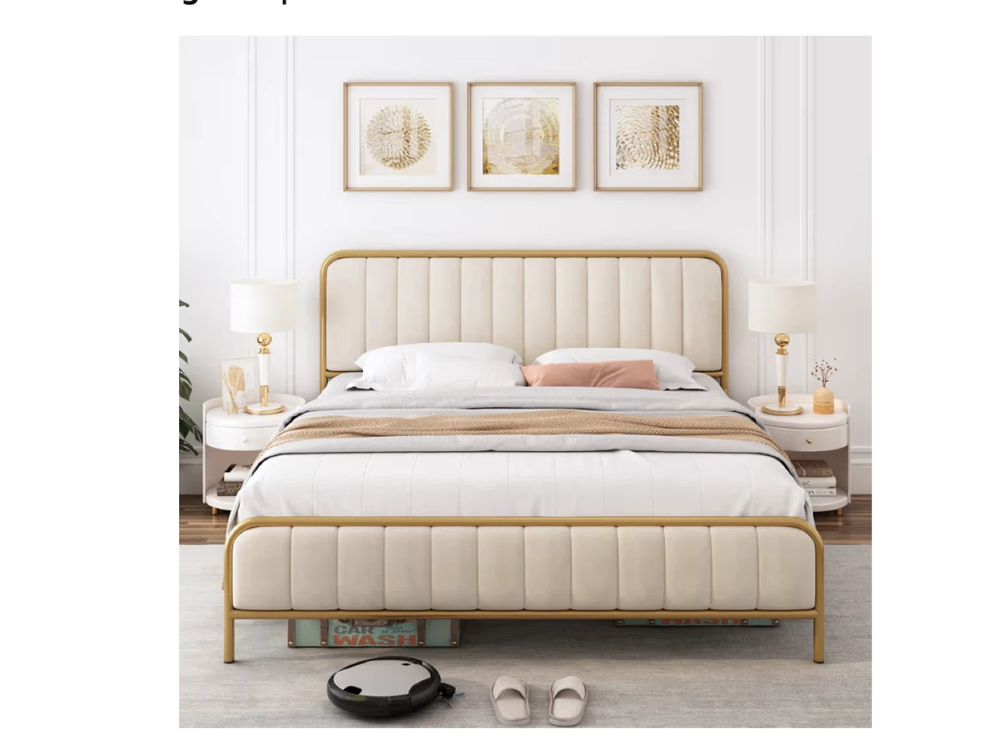 Cream Velvet Upholstered Gold Metal Bed Frame