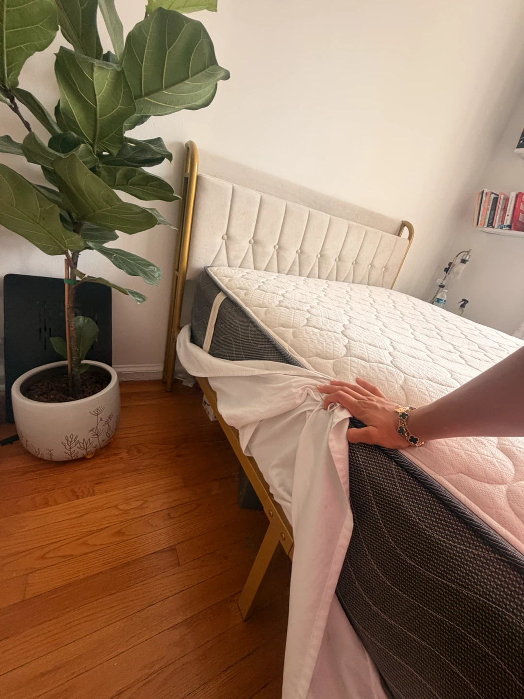 Cream Velvet Upholstered Gold Metal Bed Frame - photo 4
