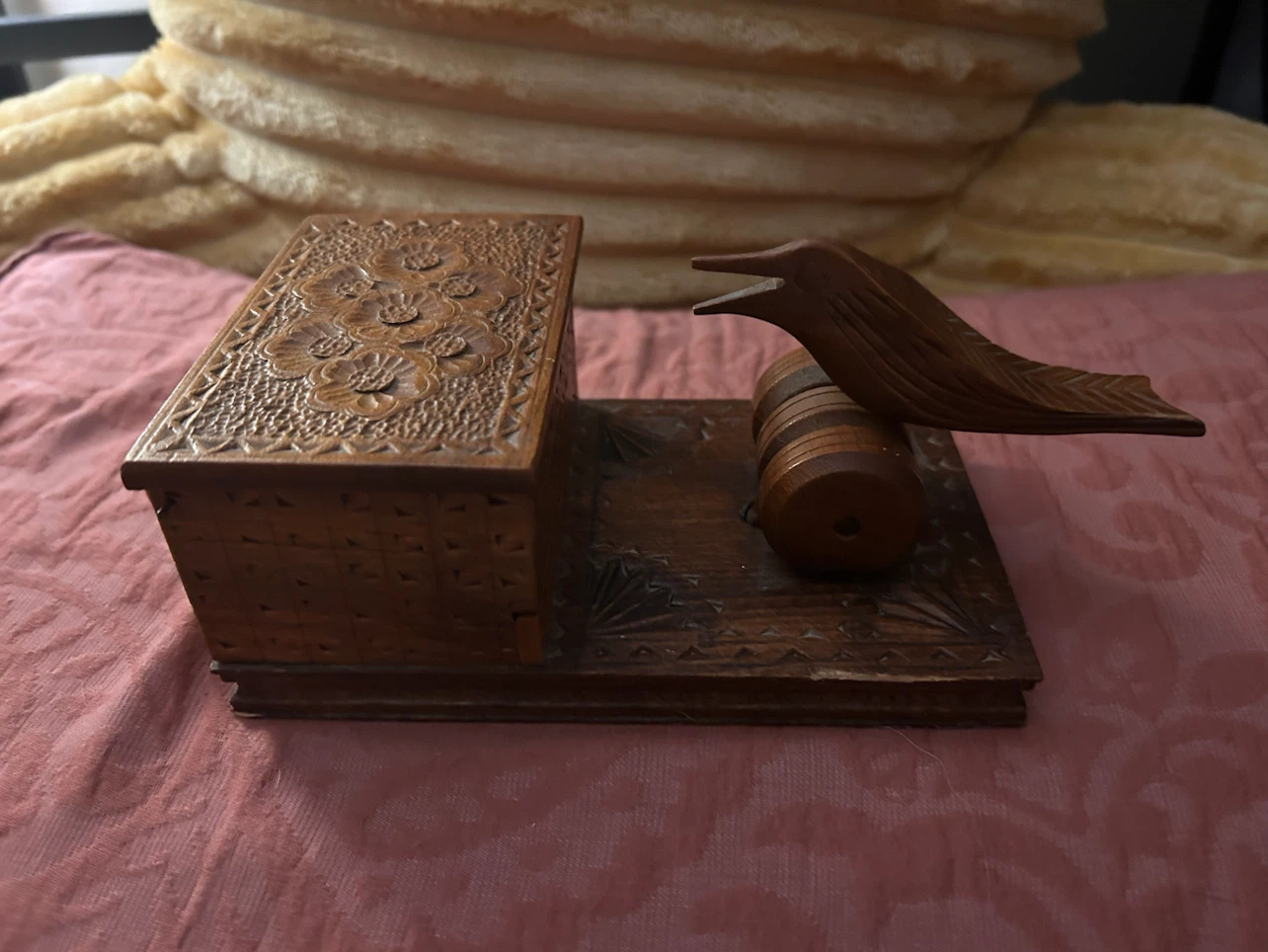 Vintage Hand Carved Wooden cigarette Box with Bird