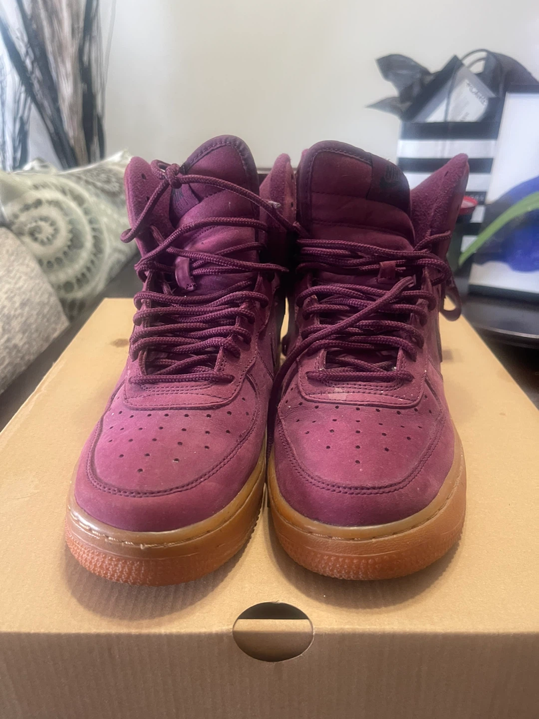 Nike Air Force 1 High Top Burgundy Suede Sneakers
