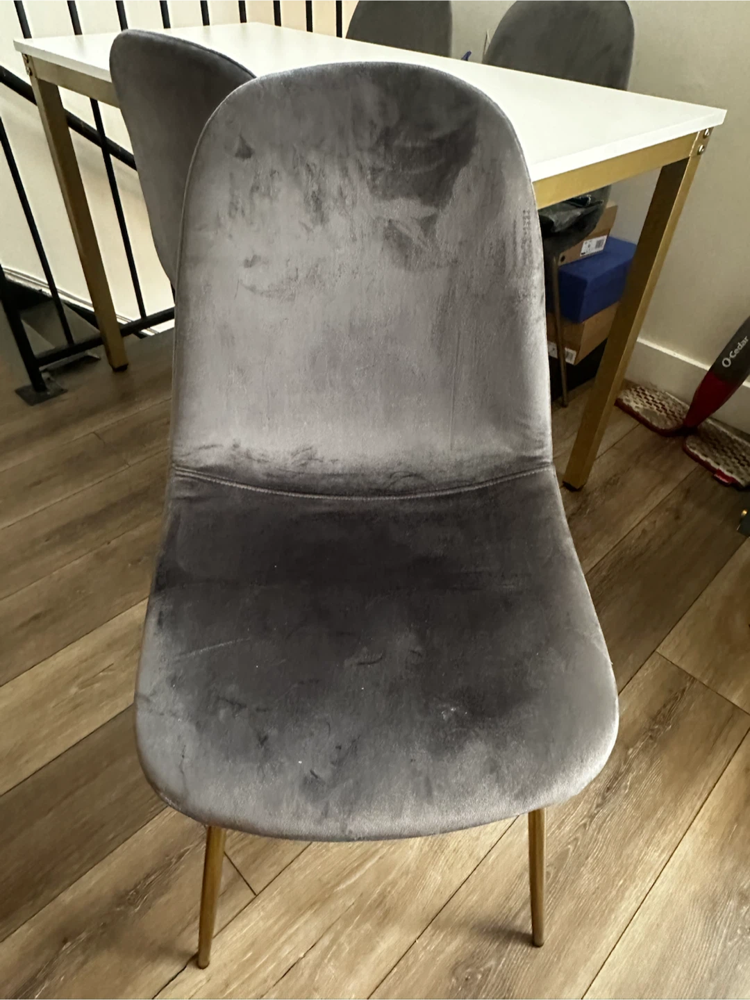Set of 4 Gray Velvet Dining Chairs with Gold Legs