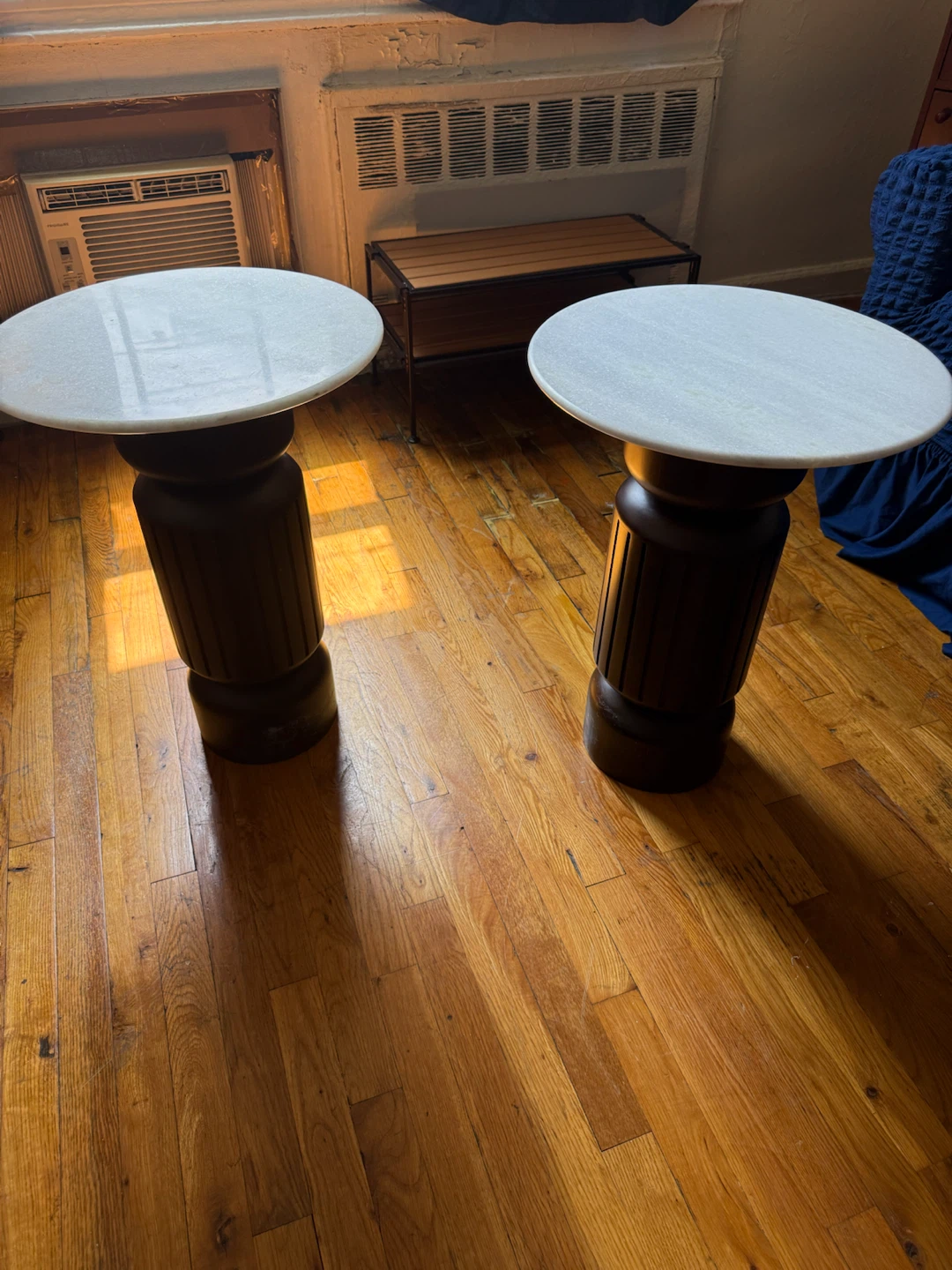 Pair of Pedestal Side Tables with Marble Tops