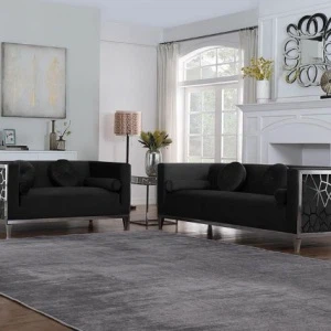 Black Sofa with Silver Geometric Accents