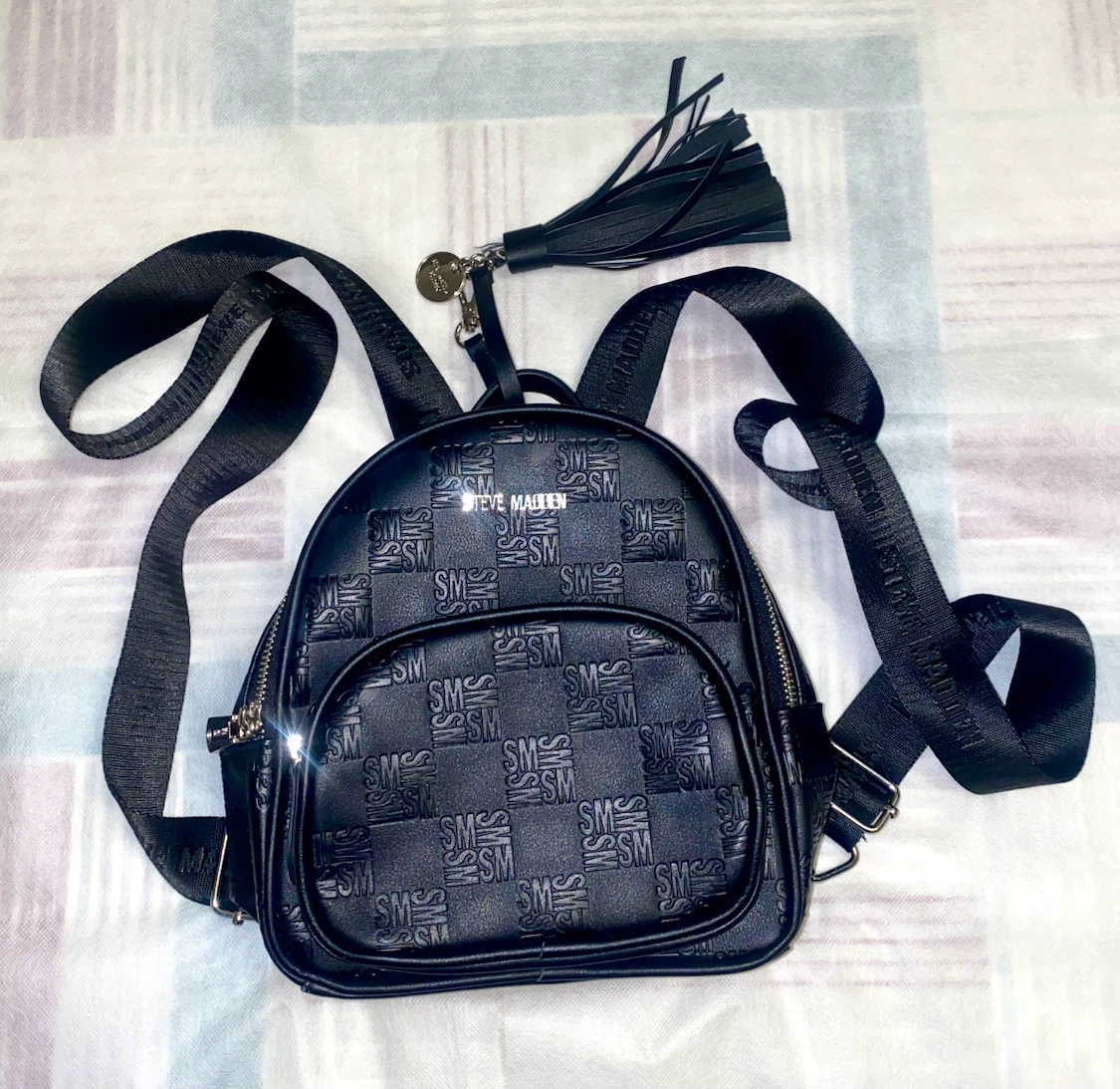 Steve Madden Black Embossed Logo Backpack