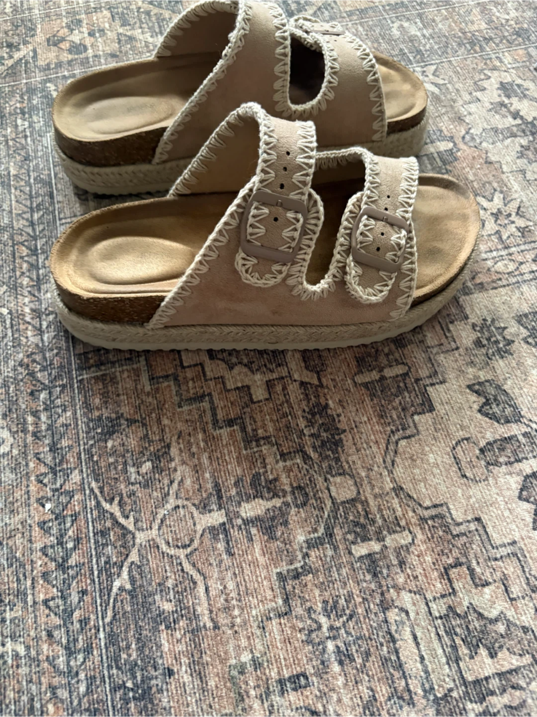 Size 8 Beige Slide Sandals with Buckle Detail