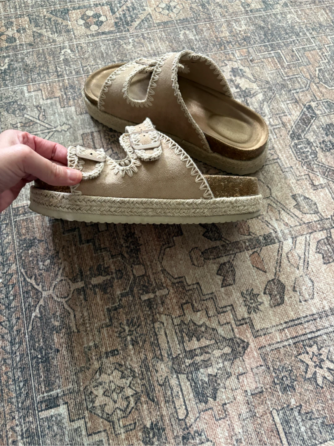 Size 8 Beige Slide Sandals with Buckle Detail - photo 3
