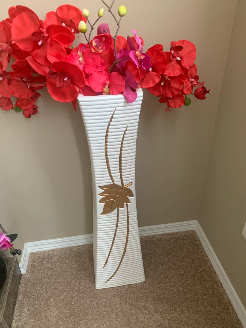 White Decorative Floor Vase with Gold Leaf Accent