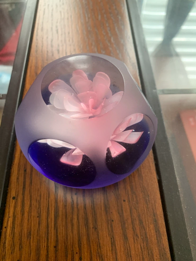 Glass Paperweight with Pink Flowers
