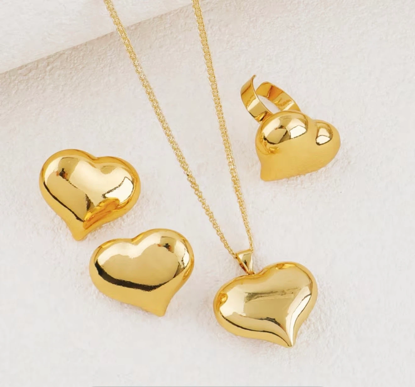 Dubai 24K Golden Plated Puffy Heart Jewelry Set - photo 2