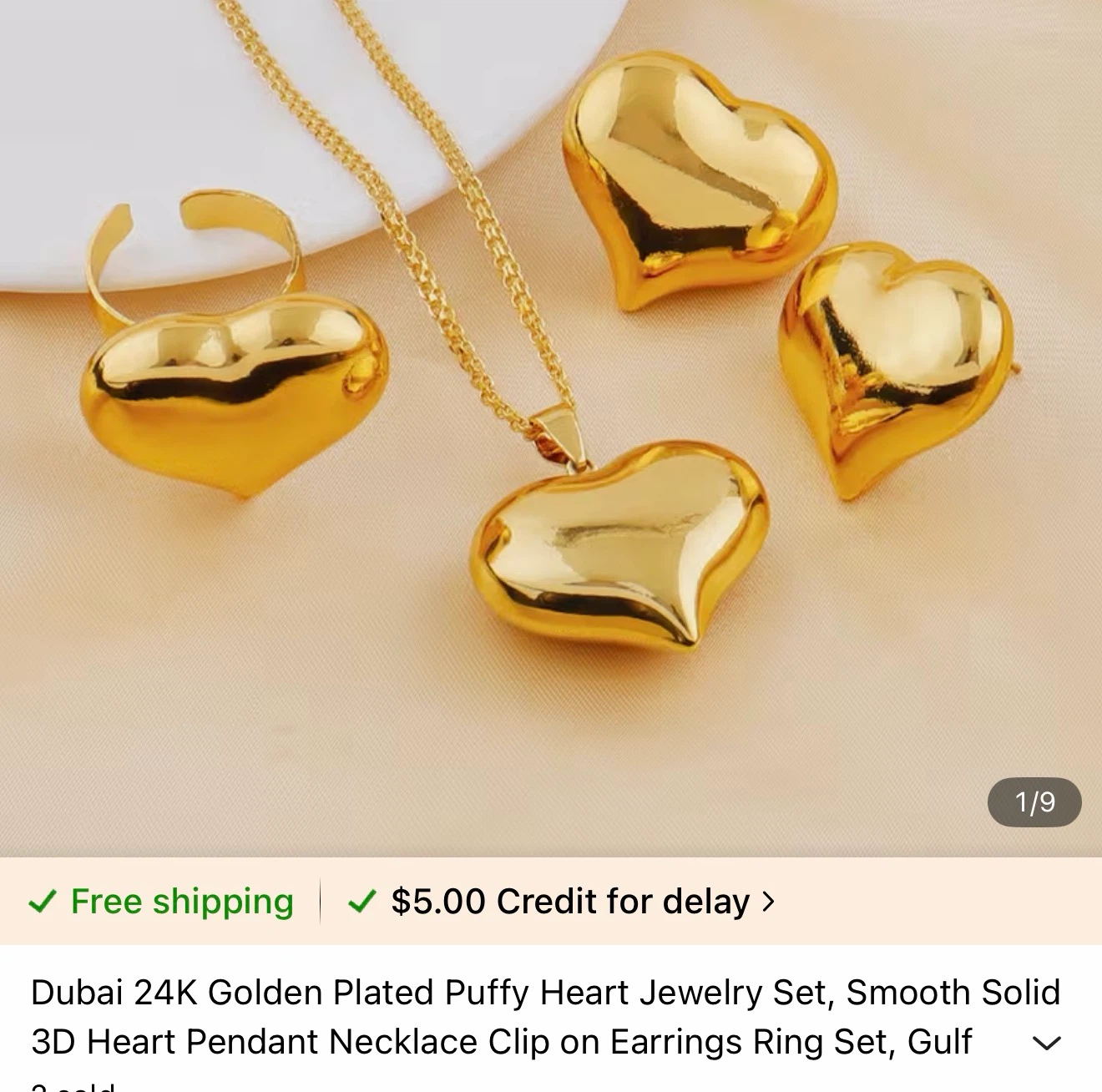 Dubai 24K Golden Plated Puffy Heart Jewelry Set - photo 3