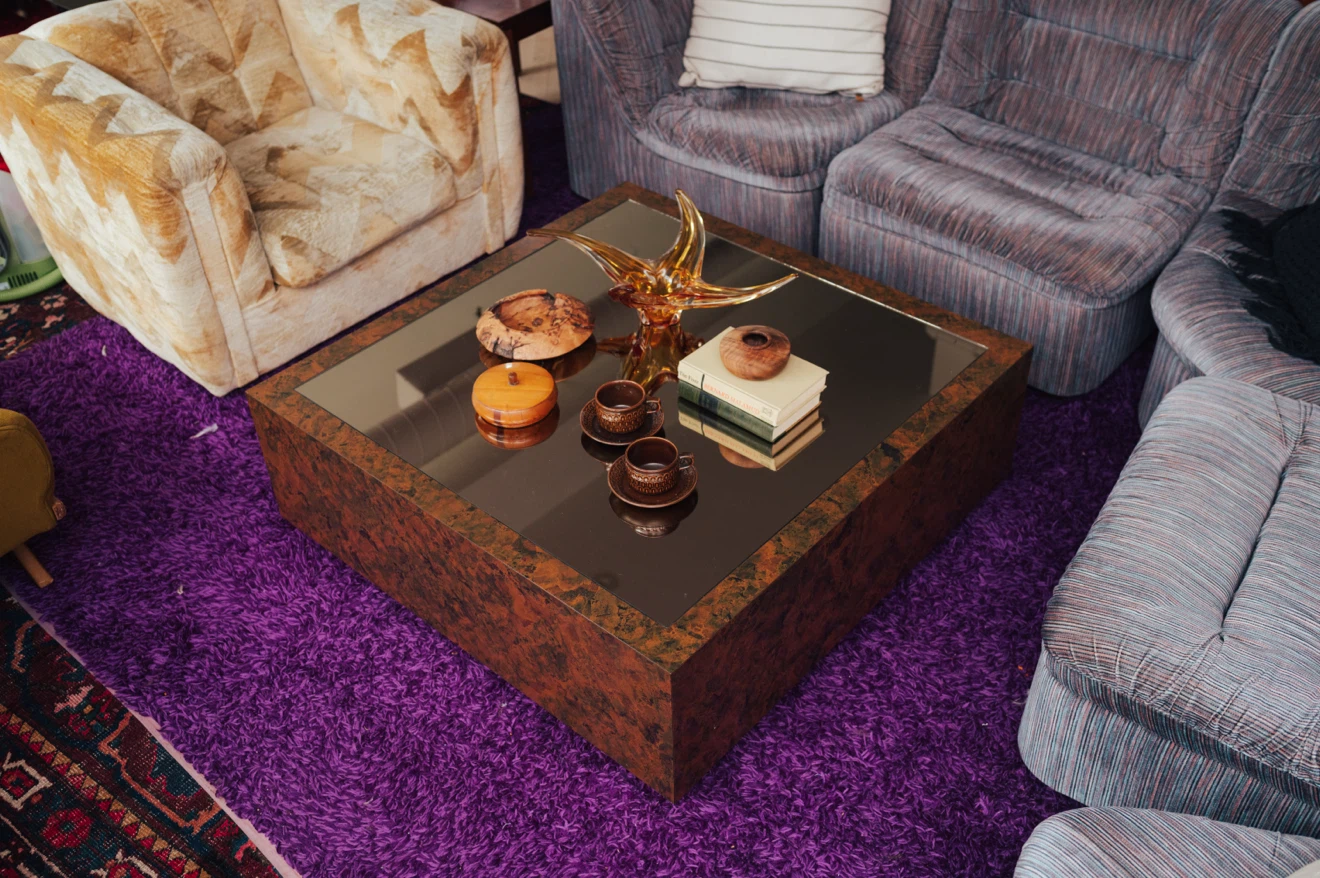 Vintage 1970s Burl + Smoked Glass Coffee Table | 40” Square