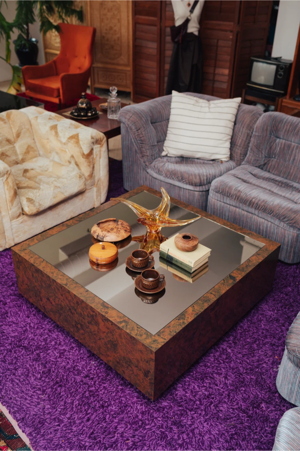 Vintage 1970s Burl + Smoked Glass Coffee Table | 40” Square - photo 5