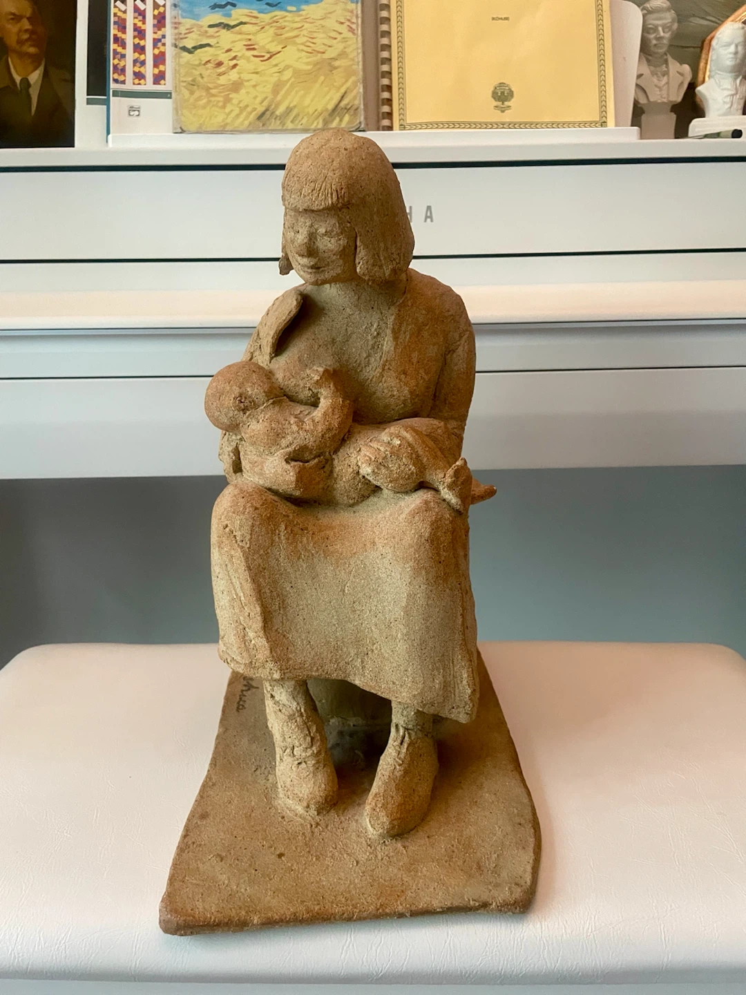 Large Signed Mother & Child Studio Sculpture – Unglazed Clay
