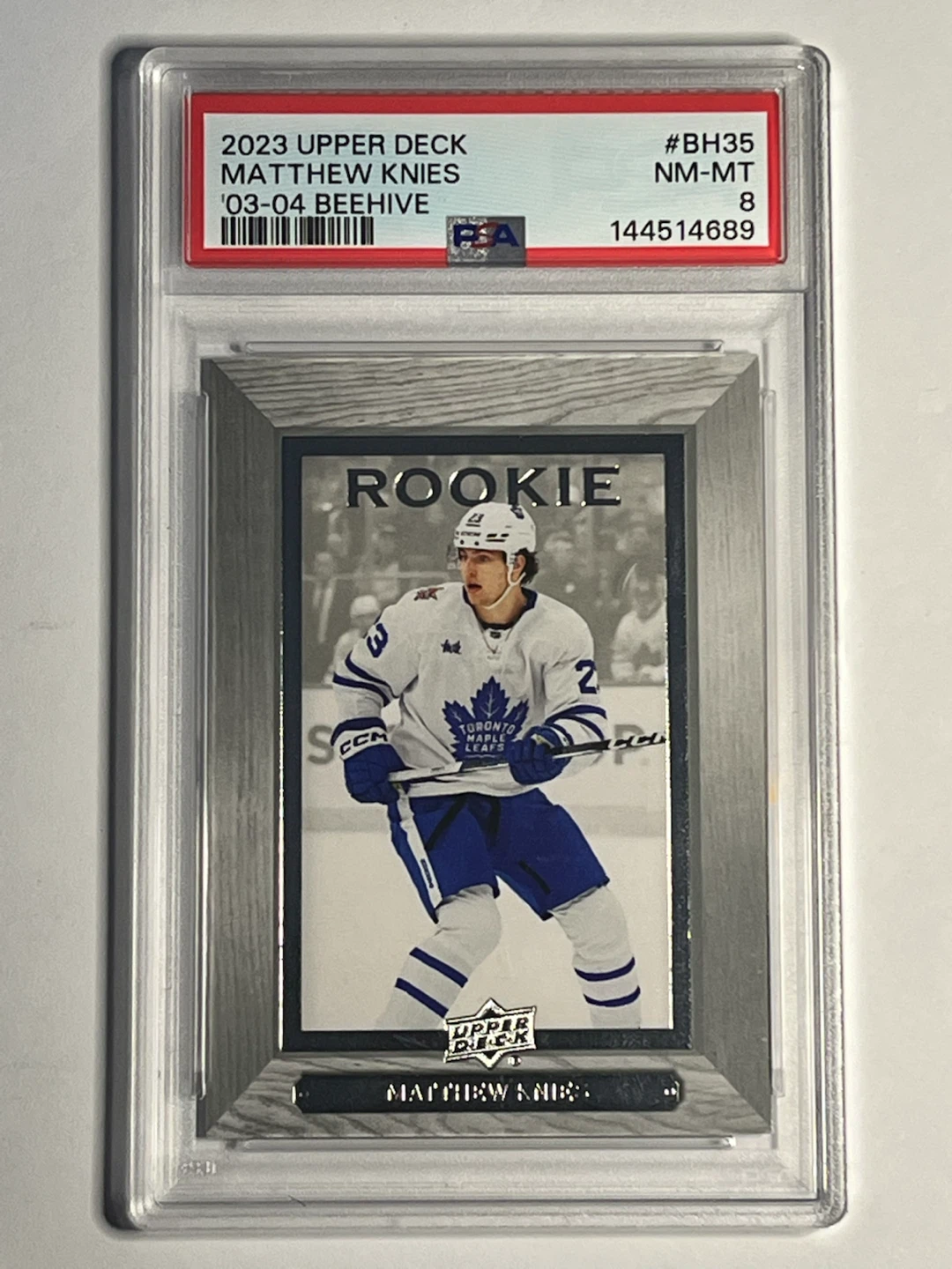 2023 Upper Deck Matthew Knies '03-04 Beehive Rookie Card - PSA 8