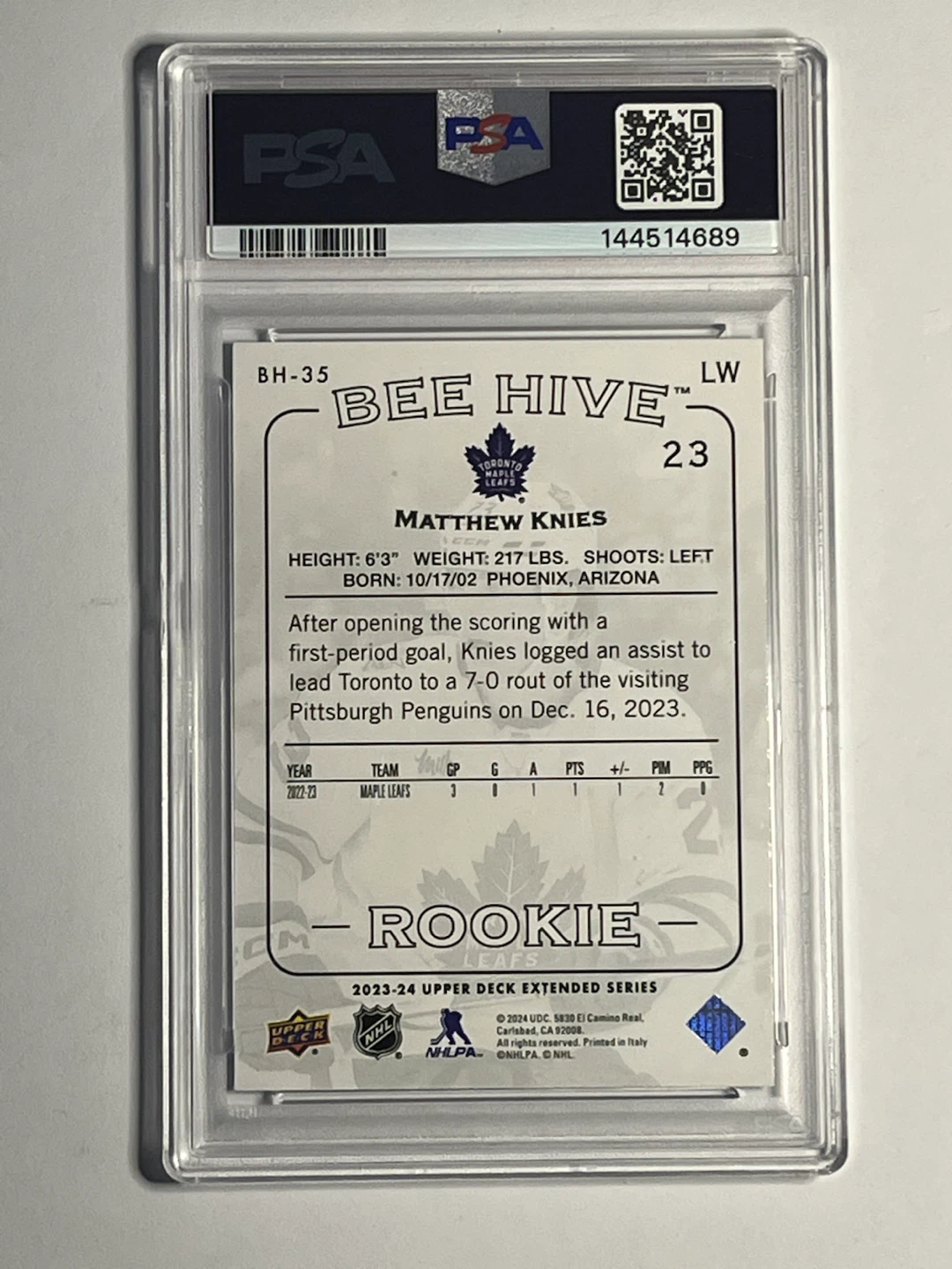 2023 Upper Deck Matthew Knies '03-04 Beehive Rookie Card - PSA 8 - photo 2