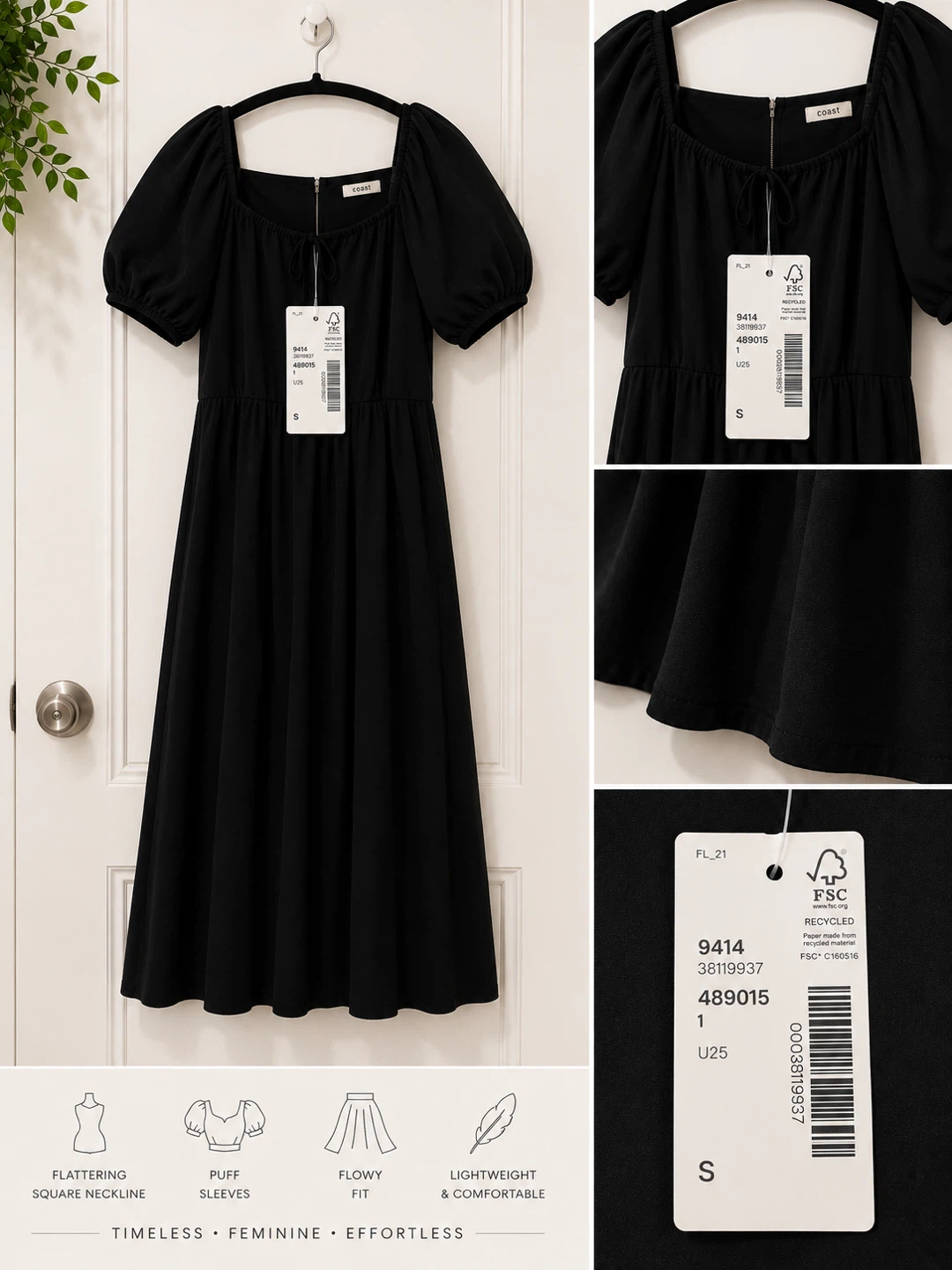 Coast Black Puff Sleeve Square Neck Dress - Size S